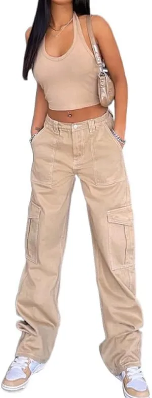 Women Gothic Cargo Jeans Wide Leg Punk Grunge Baggy Denim Pants Loose Trousers Harajuku 90s Streetwear