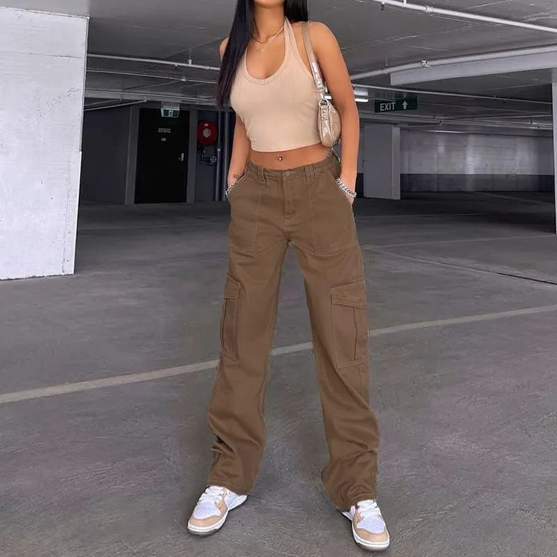 Women Gothic Cargo Jeans Wide Leg Punk Grunge Baggy Denim Pants Loose Trousers Harajuku 90s Streetwear