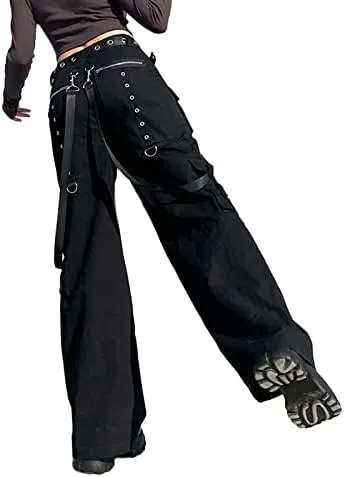 Women Gothic Cargo Jeans Wide Leg Punk Grunge Baggy Denim Pants Loose Trousers Harajuku 90s Streetwear