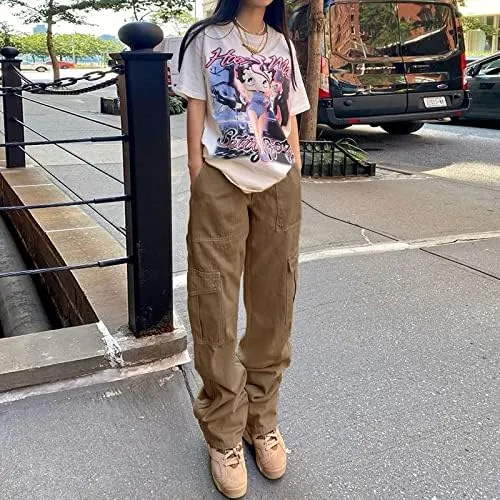 Women Gothic Cargo Jeans Wide Leg Punk Grunge Baggy Denim Pants Loose Trousers Harajuku 90s Streetwear