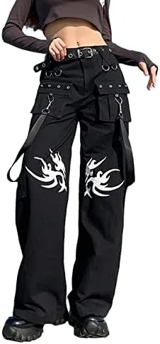 Women Gothic Cargo Jeans Wide Leg Punk Grunge Baggy Denim Pants Loose Trousers Harajuku 90s Streetwear