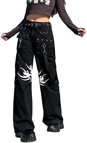 Women Gothic Cargo Jeans Wide Leg Punk Grunge Baggy Denim Pants Loose Trousers Harajuku 90s Streetwear