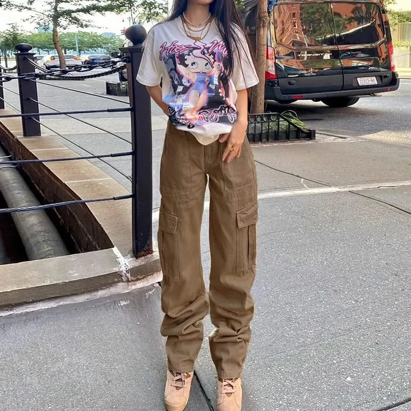 Women Gothic Cargo Jeans Wide Leg Punk Grunge Baggy Denim Pants Loose Trousers Harajuku 90s Streetwear