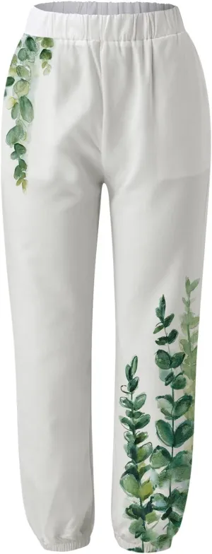 Women High Waist Cotton Linen Pants Flower Printed Wide Leg Straight Trousers Casual Pocket Summer Beach Gauze Pants