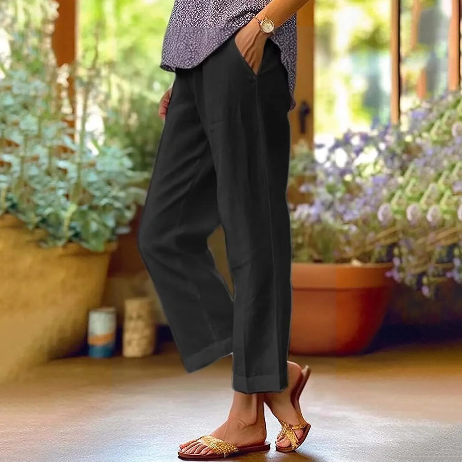 Women Linen Pants Solid Elastic Pants Long Drawstring Linen Women Waist Cotton Casual Pants Casual Button Up Flowy