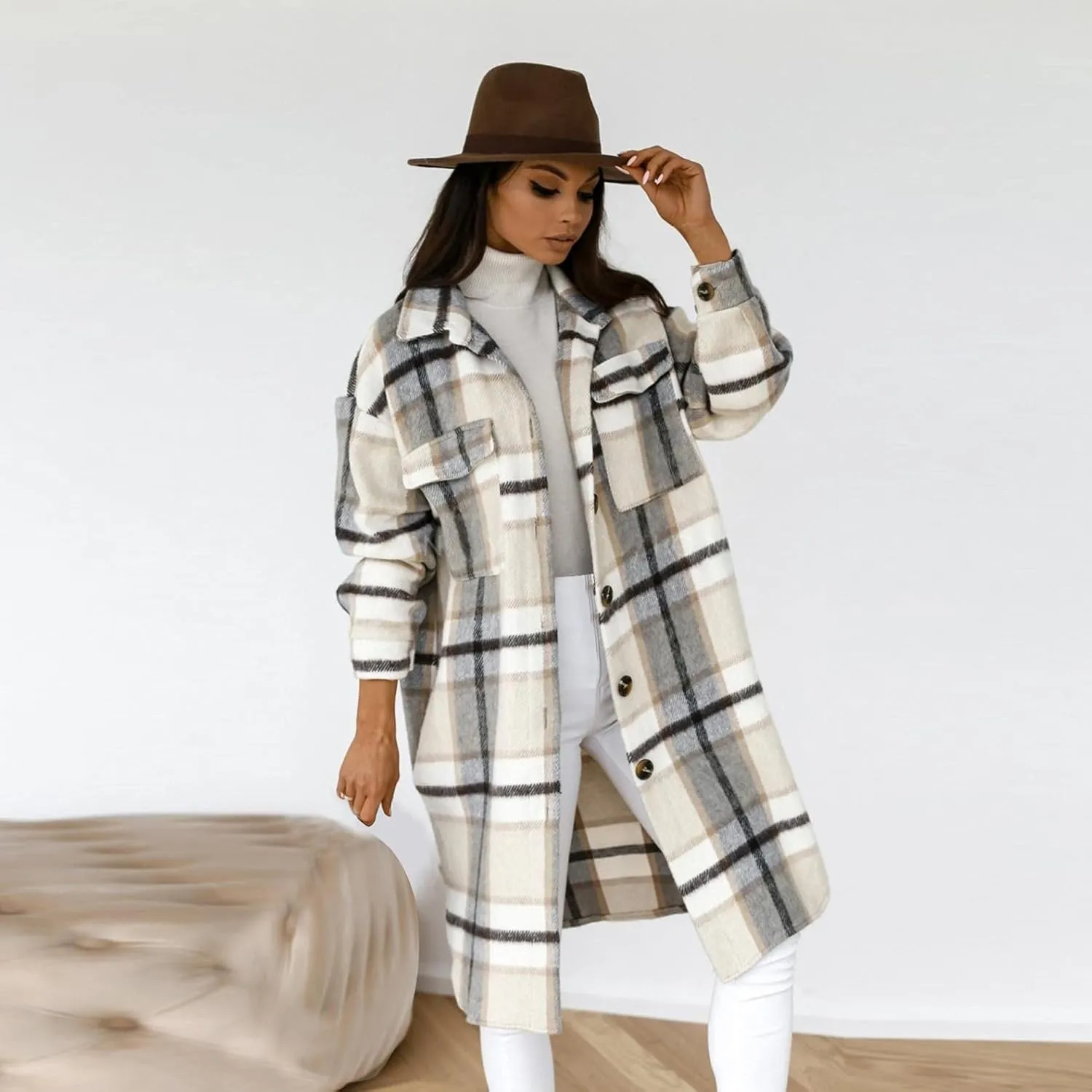 Women Long Sleeve Plaid Print Button Open Front Long Coat Cardigan Outerwear Leopard Kimono