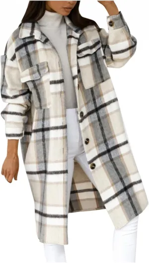 Women Long Sleeve Plaid Print Button Open Front Long Coat Cardigan Outerwear Leopard Kimono