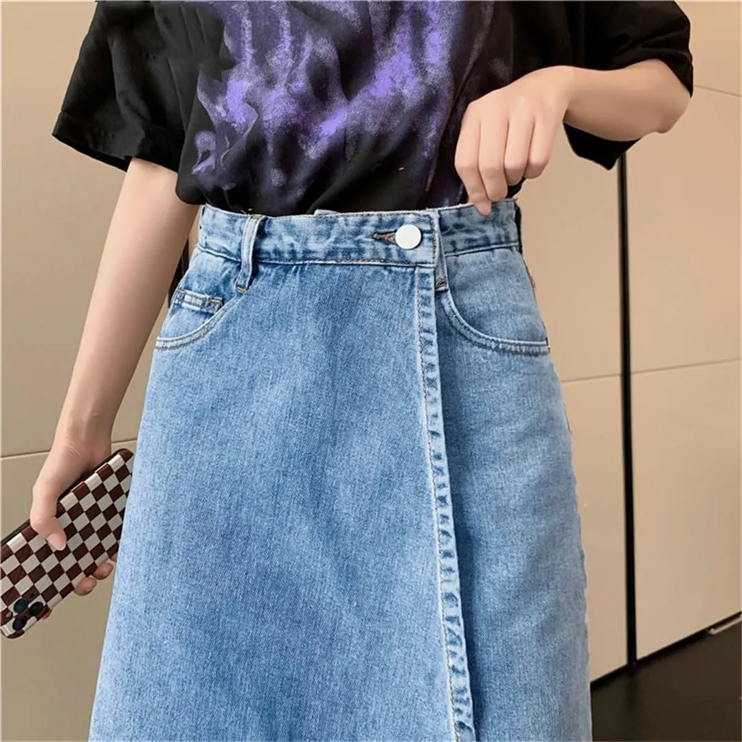 Women Loose Pockets Denim Skirt Shorts High Waist Split Jeans Shorts