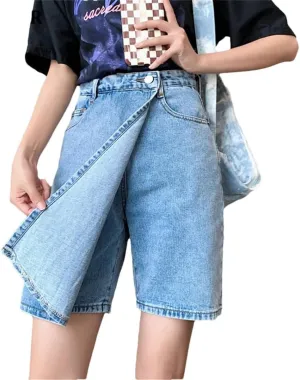 Women Loose Pockets Denim Skirt Shorts High Waist Split Jeans Shorts