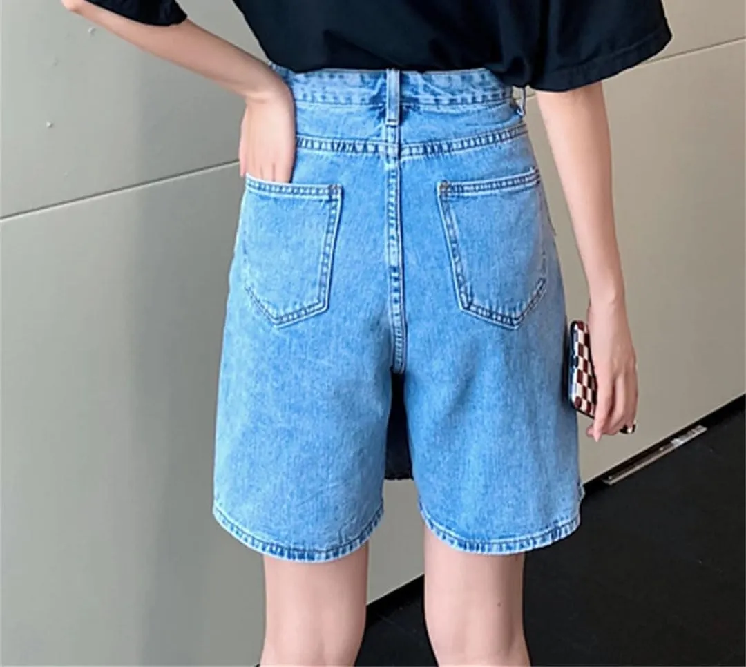 Women Loose Pockets Denim Skirt Shorts High Waist Split Jeans Shorts