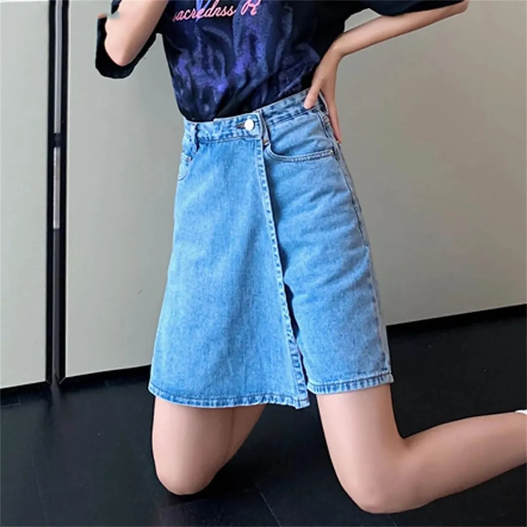 Women Loose Pockets Denim Skirt Shorts High Waist Split Jeans Shorts