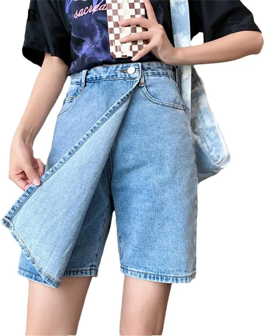 Women Loose Pockets Denim Skirt Shorts High Waist Split Jeans Shorts