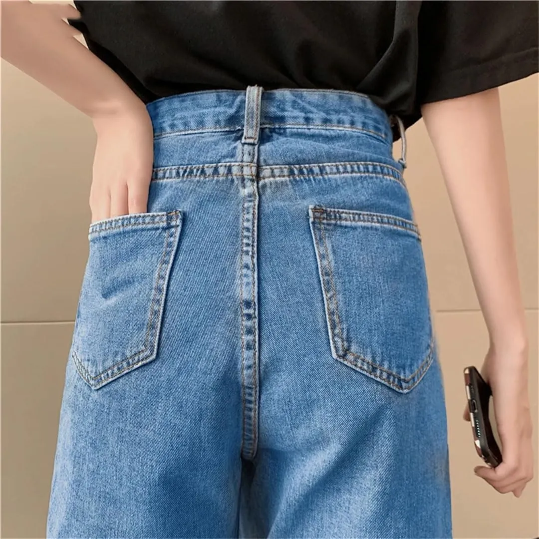 Women Loose Pockets Denim Skirt Shorts High Waist Split Jeans Shorts