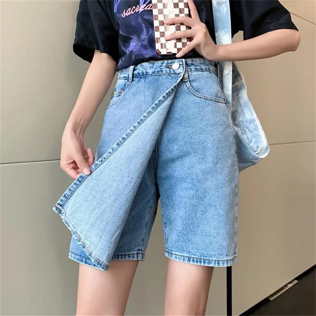 Women Loose Pockets Denim Skirt Shorts High Waist Split Jeans Shorts