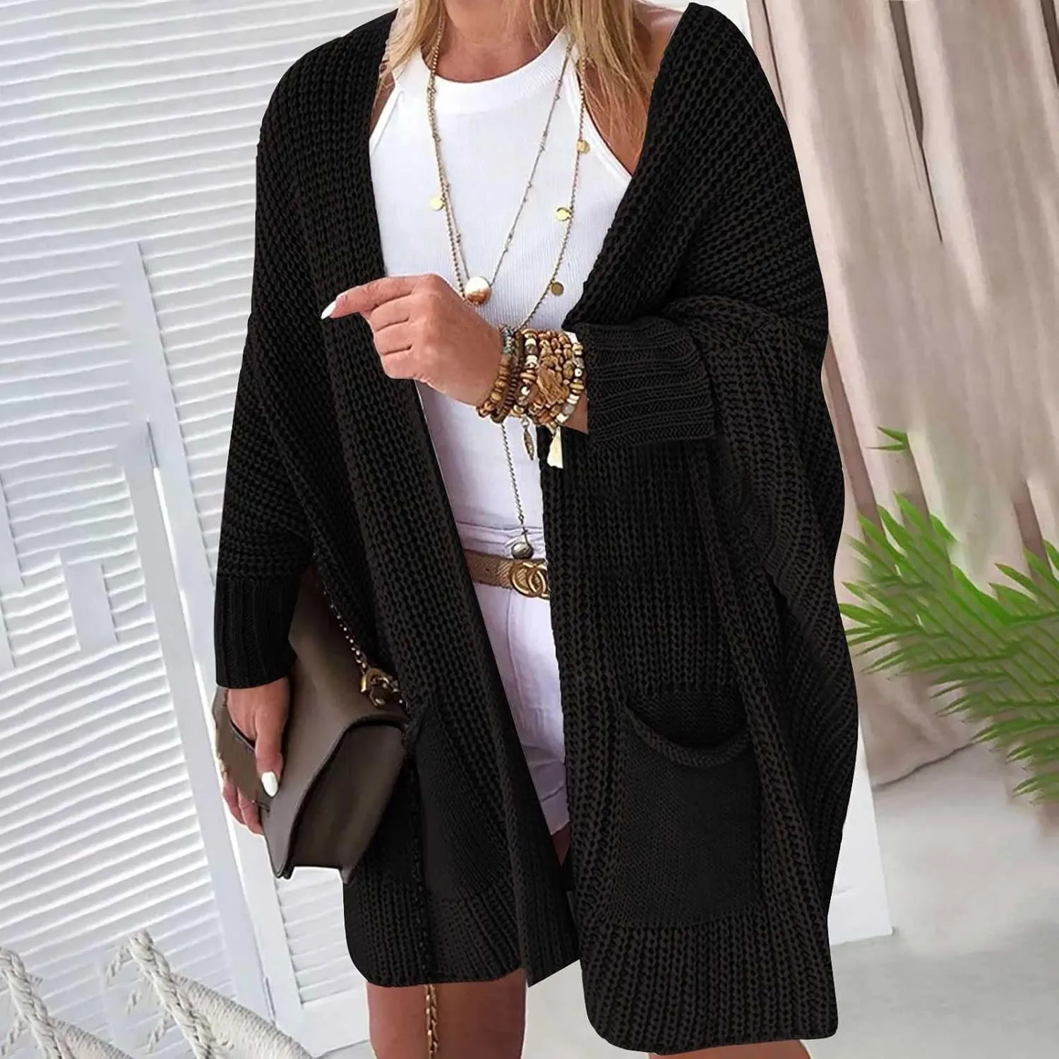 Women Oversized Long Cardigans Sweater Batwing Sleeve Open Front Chunky Knit Coat Fall Winter Outwear with Pockets