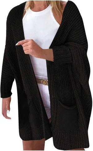 Women Oversized Long Cardigans Sweater Batwing Sleeve Open Front Chunky Knit Coat Fall Winter Outwear with Pockets