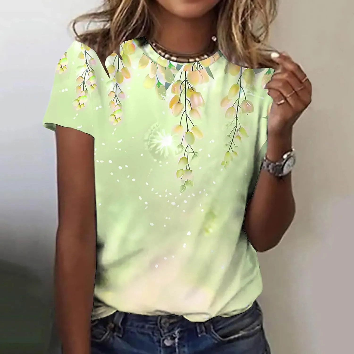 Women Summer Casual Hawaiian Printed T Shirt Short Sleeve Crewneck Vacation Basic Tops Loose Comfy Blouse