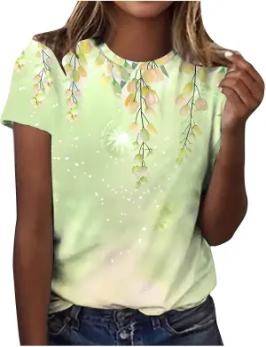 Women Summer Casual Hawaiian Printed T Shirt Short Sleeve Crewneck Vacation Basic Tops Loose Comfy Blouse