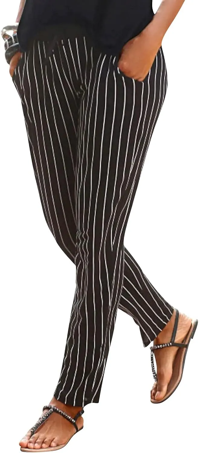 Women Wide Leg High Waist Drawstring Palazzo Pants Casual Summer Flowy Boho Beach Harem Slacks Printed Linen Trousers