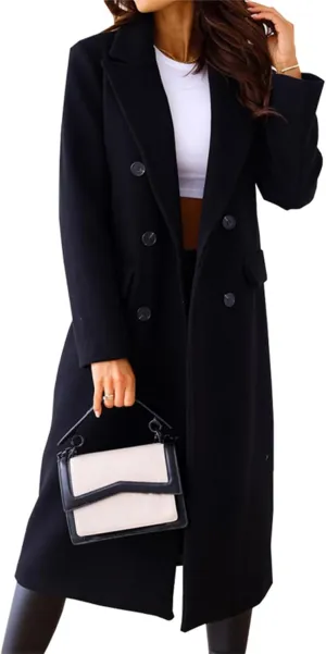 Women Winter Notch Lapel Mid-Long Coats Notch Double Breasted Jacket Casual Loose Classic Soild Outwear