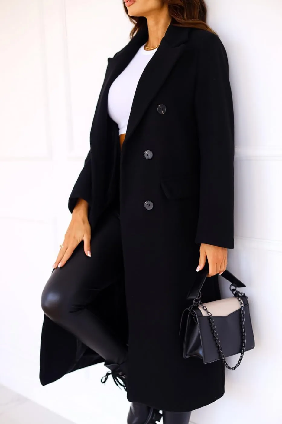 Women Winter Notch Lapel Mid-Long Coats Notch Double Breasted Jacket Casual Loose Classic Soild Outwear