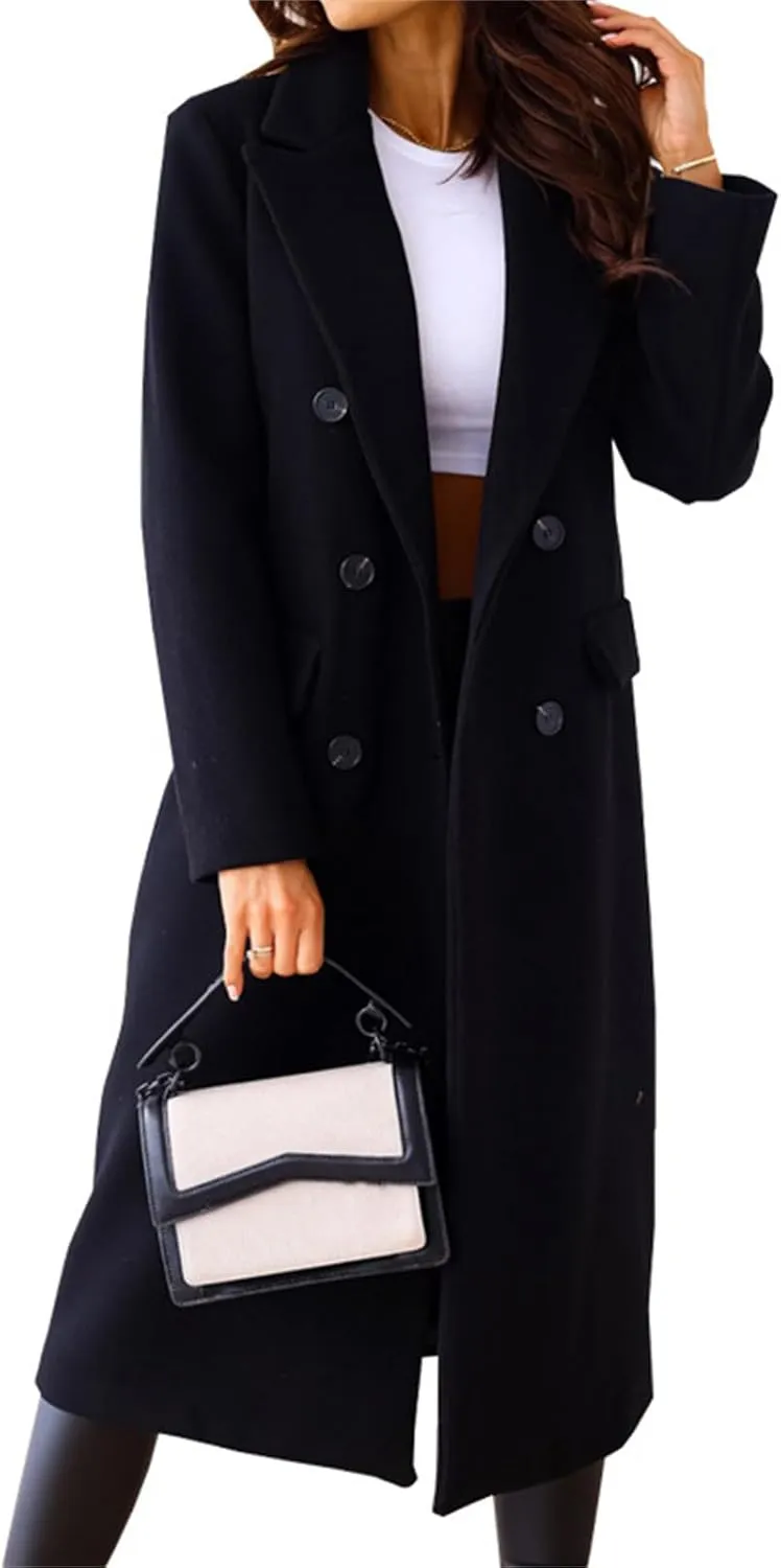Women Winter Notch Lapel Mid-Long Coats Notch Double Breasted Jacket Casual Loose Classic Soild Outwear