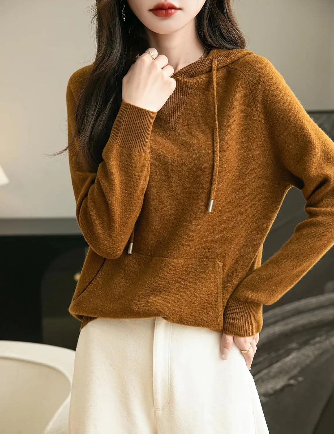 Women's 100% Merino Wool Hoodies 2025 Fall Winter Warm Soft Sweater Long Sleeve Knitted Sweatshirt with Pocket