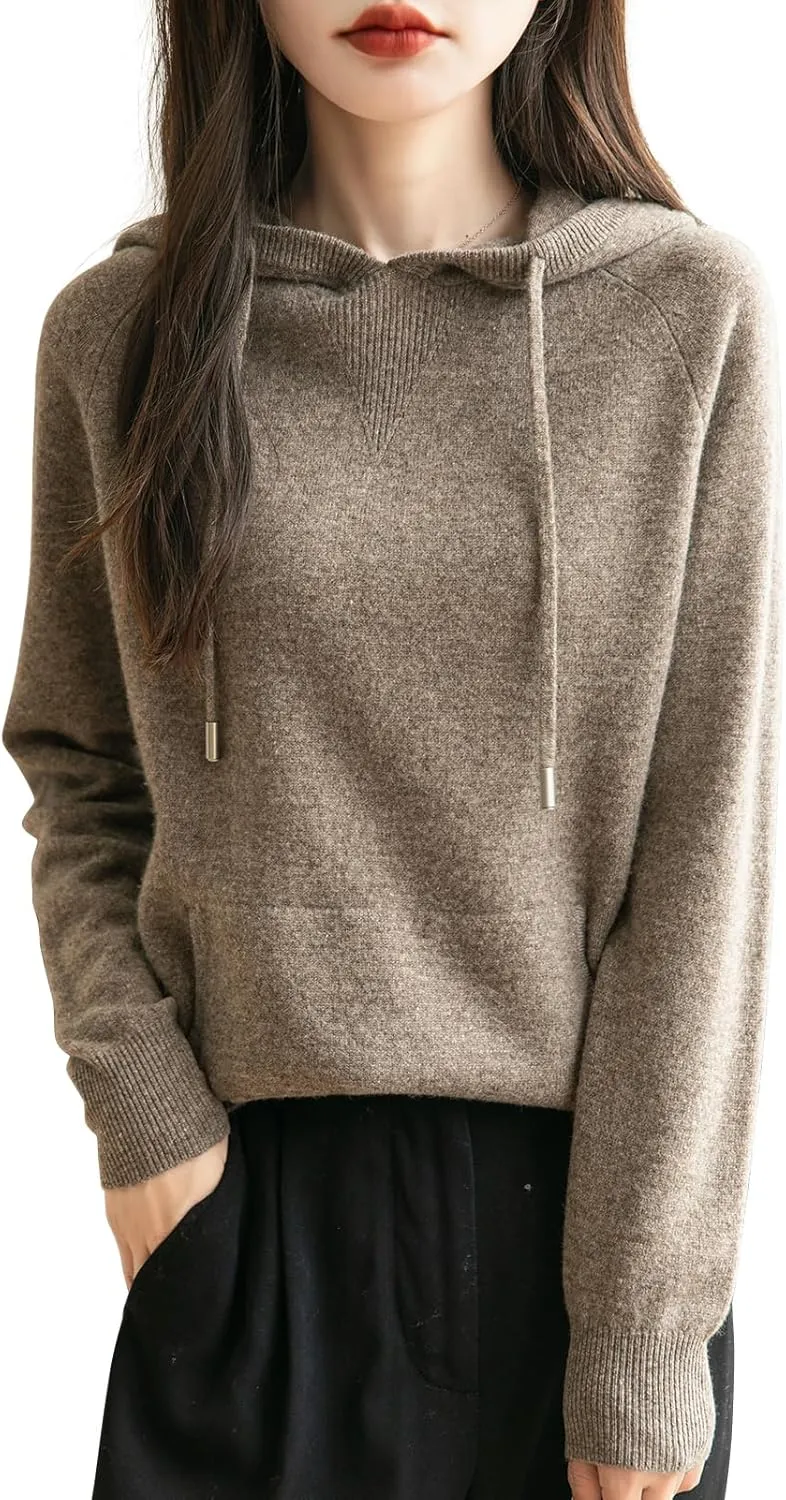 Women's 100% Merino Wool Hoodies 2025 Fall Winter Warm Soft Sweater Long Sleeve Knitted Sweatshirt with Pocket