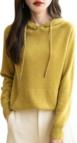 Women's 100% Merino Wool Hoodies 2025 Fall Winter Warm Soft Sweater Long Sleeve Knitted Sweatshirt with Pocket