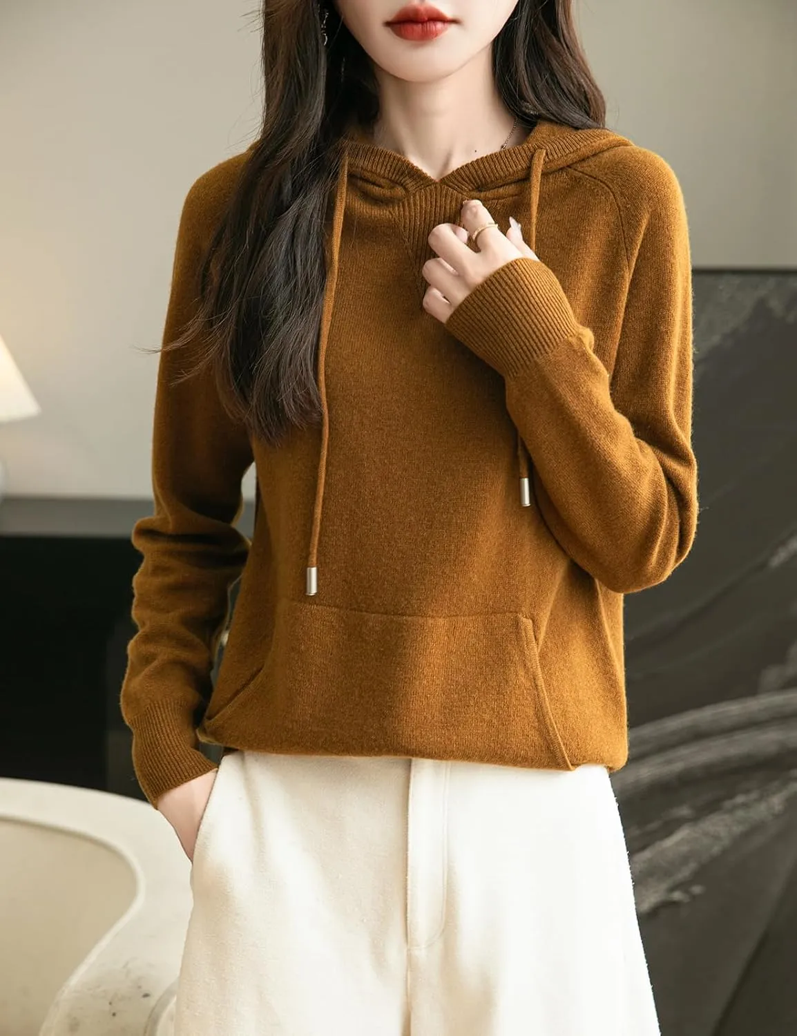 Women's 100% Merino Wool Hoodies 2025 Fall Winter Warm Soft Sweater Long Sleeve Knitted Sweatshirt with Pocket