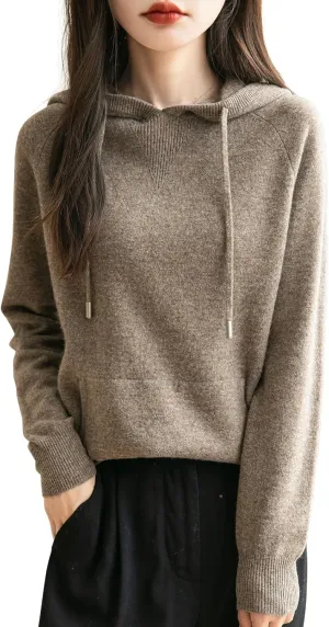 Women's 100% Merino Wool Hoodies 2025 Fall Winter Warm Soft Sweater Long Sleeve Knitted Sweatshirt with Pocket