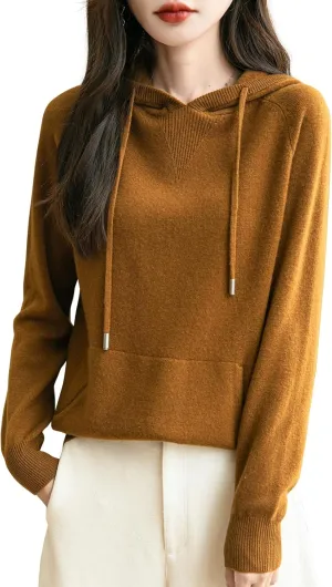 Women's 100% Merino Wool Hoodies 2025 Fall Winter Warm Soft Sweater Long Sleeve Knitted Sweatshirt with Pocket