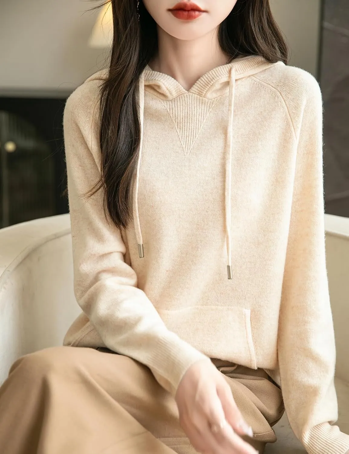 Women's 100% Merino Wool Hoodies 2025 Fall Winter Warm Soft Sweater Long Sleeve Knitted Sweatshirt with Pocket