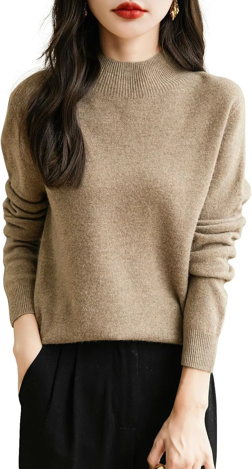 Women's 100% Merino Wool Seamless Sweater Mock Neck First-Line Ready to Wear Long Sleeve Knitted Pullover Tops