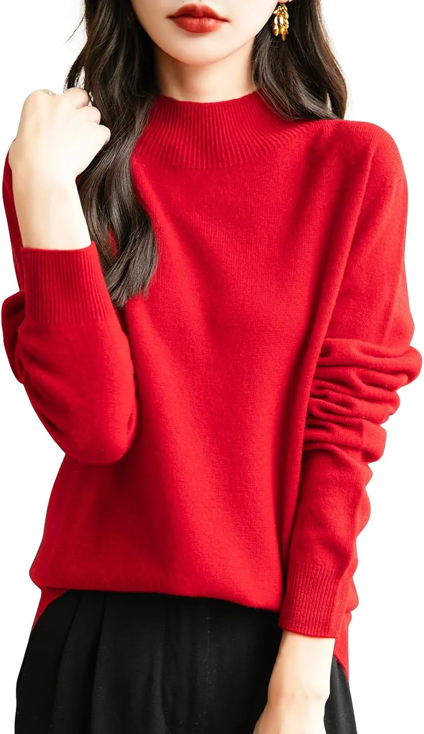 Women's 100% Merino Wool Seamless Sweater Mock Neck First-Line Ready to Wear Long Sleeve Knitted Pullover Tops