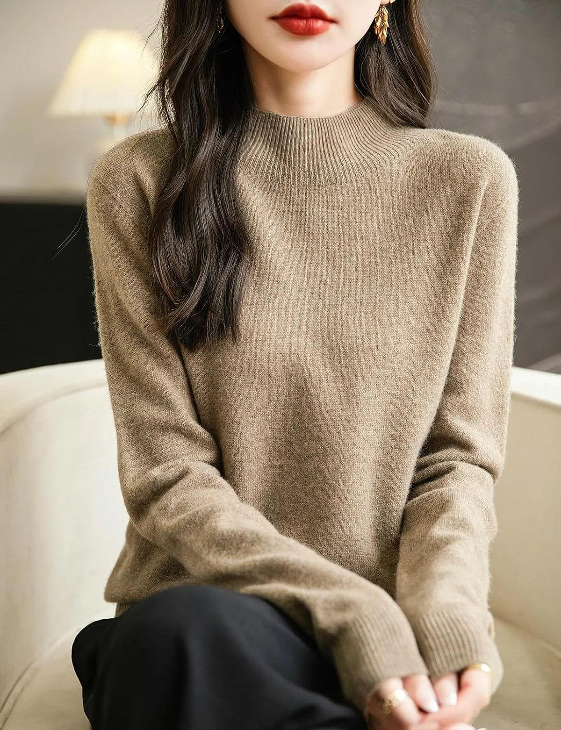 Women's 100% Merino Wool Seamless Sweater Mock Neck First-Line Ready to Wear Long Sleeve Knitted Pullover Tops