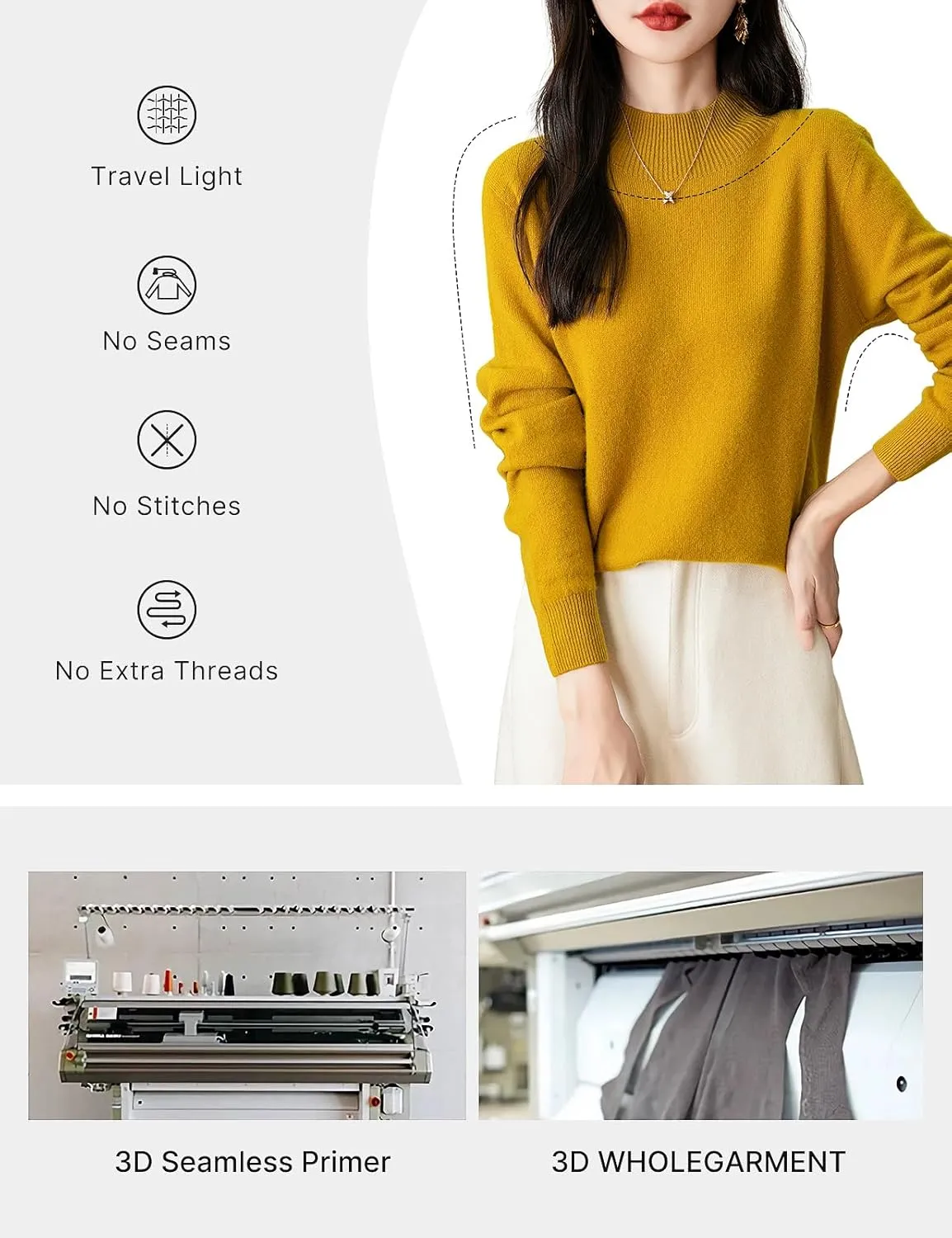 Women's 100% Merino Wool Seamless Sweater Mock Neck First-Line Ready to Wear Long Sleeve Knitted Pullover Tops