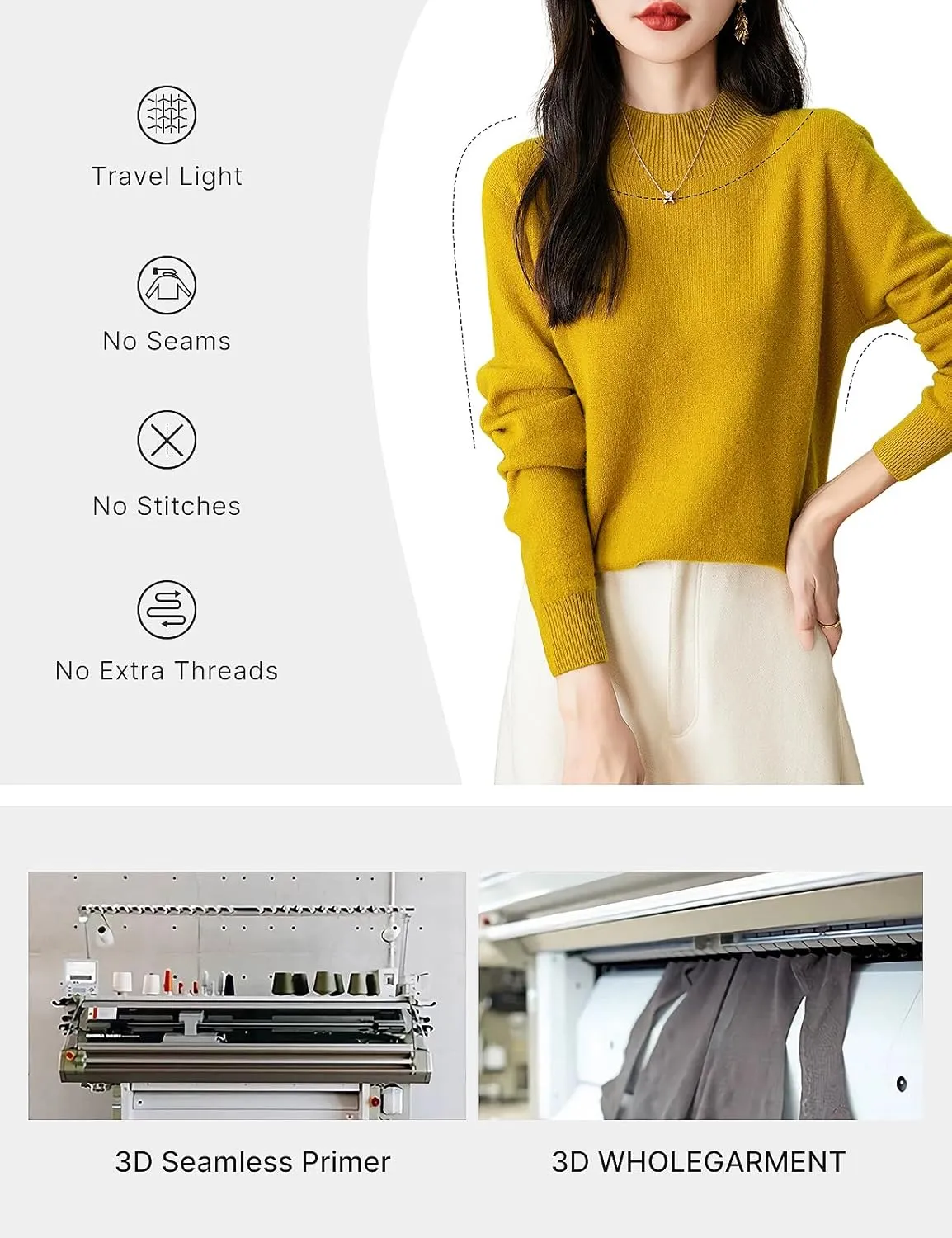 Women's 100% Merino Wool Seamless Sweater Mock Neck First-Line Ready to Wear Long Sleeve Knitted Pullover Tops