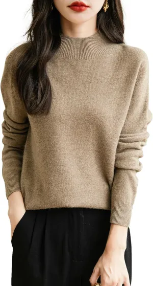 Women's 100% Merino Wool Seamless Sweater Mock Neck First-Line Ready to Wear Long Sleeve Knitted Pullover Tops