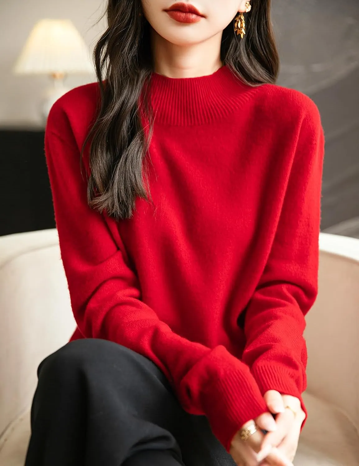 Women's 100% Merino Wool Seamless Sweater Mock Neck First-Line Ready to Wear Long Sleeve Knitted Pullover Tops