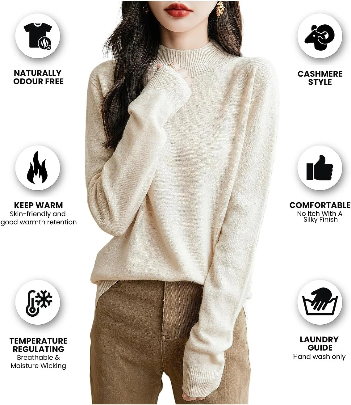 Women's 100% Merino Wool Seamless Sweater Mock Neck First-Line Ready to Wear Long Sleeve Knitted Pullover Tops