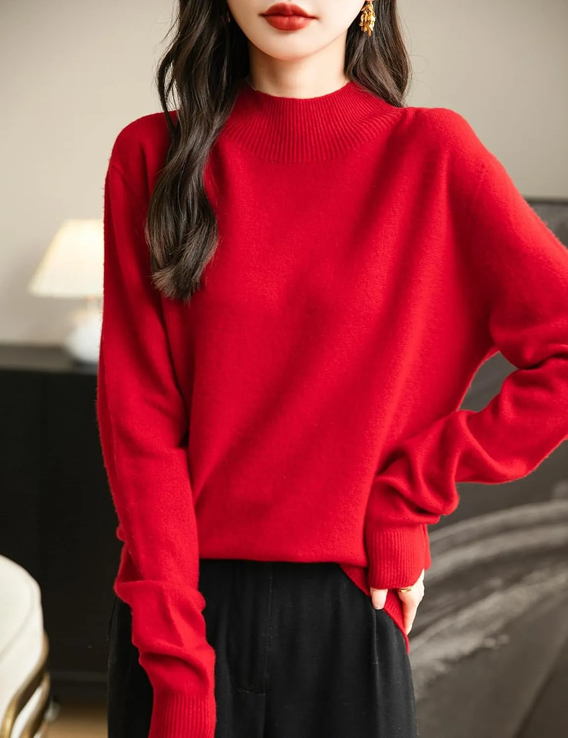 Women's 100% Merino Wool Seamless Sweater Mock Neck First-Line Ready to Wear Long Sleeve Knitted Pullover Tops