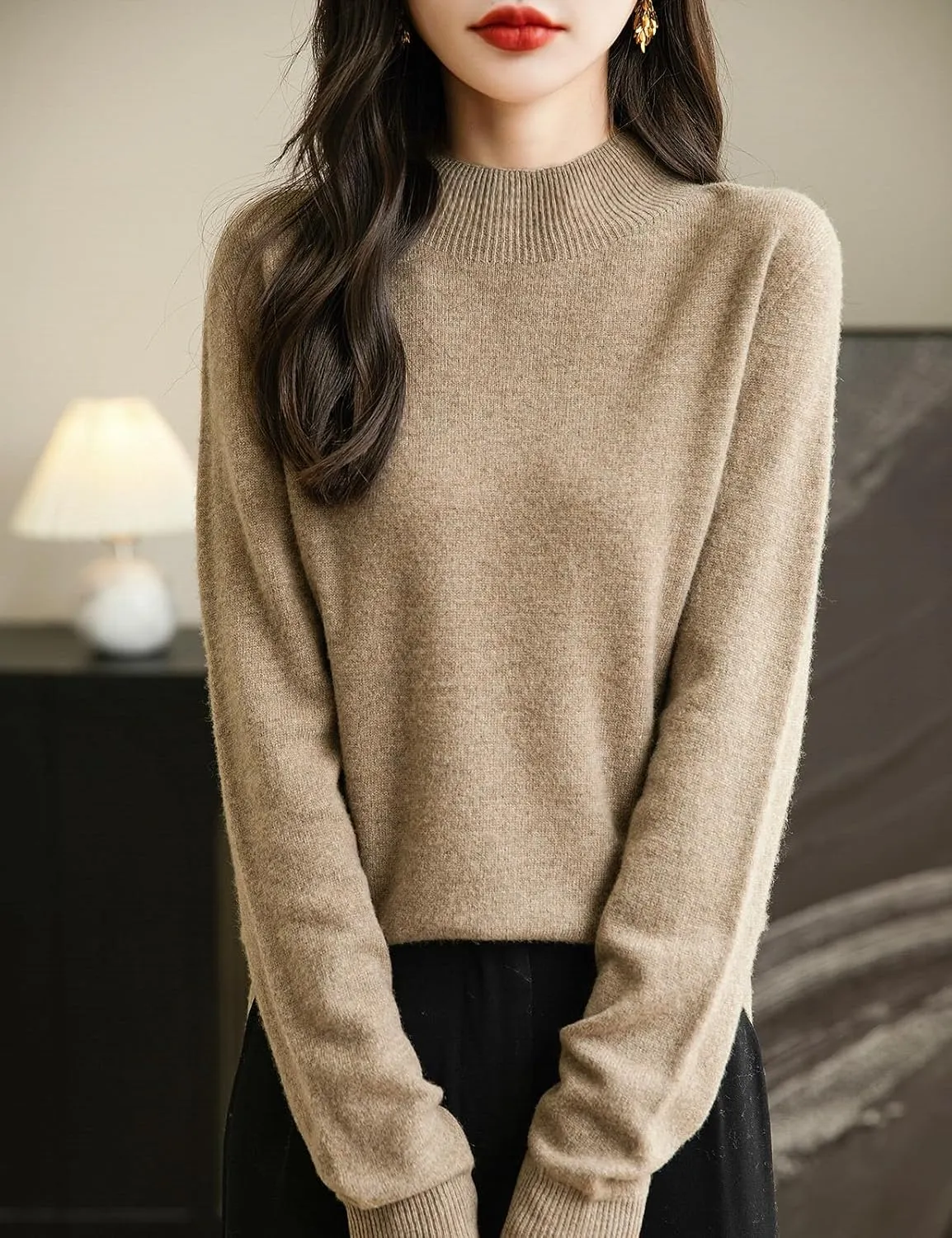 Women's 100% Merino Wool Seamless Sweater Mock Neck First-Line Ready to Wear Long Sleeve Knitted Pullover Tops