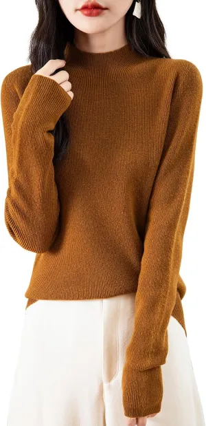 Women's 100% Merino Wool Seamless Sweater Mock Neck First-Line Ready to Wear Long Sleeve Ribbed Knit Pullover