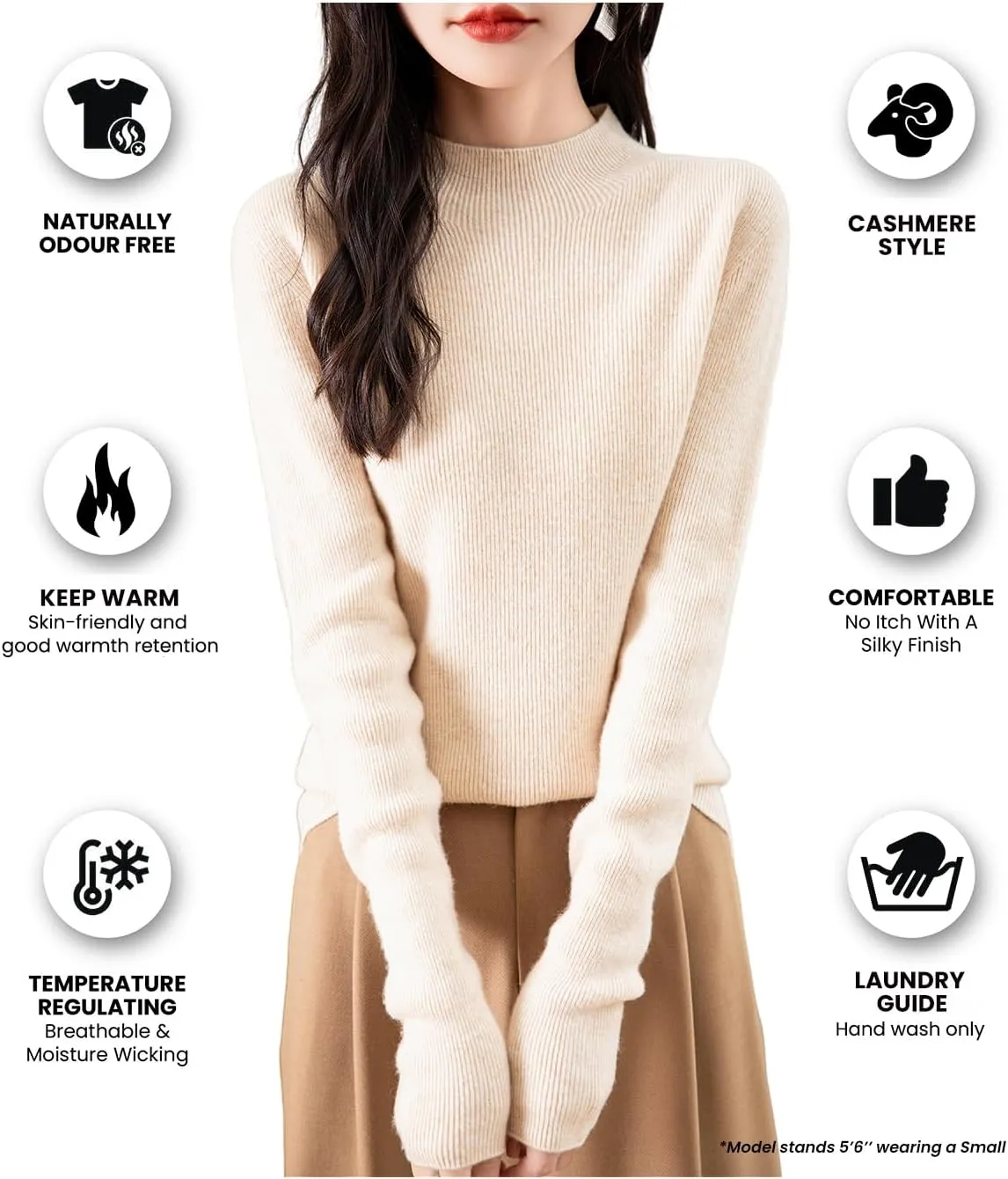 Women's 100% Merino Wool Seamless Sweater Mock Neck First-Line Ready to Wear Long Sleeve Ribbed Knit Pullover