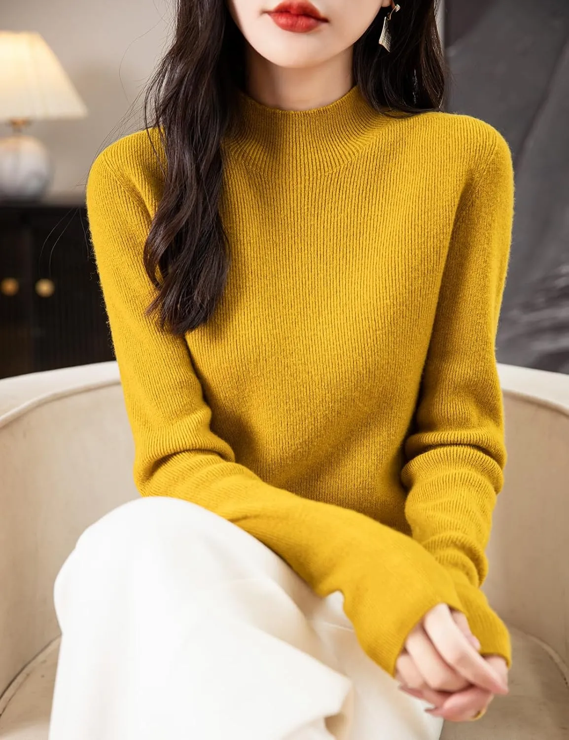 Women's 100% Merino Wool Seamless Sweater Mock Neck First-Line Ready to Wear Long Sleeve Ribbed Knit Pullover