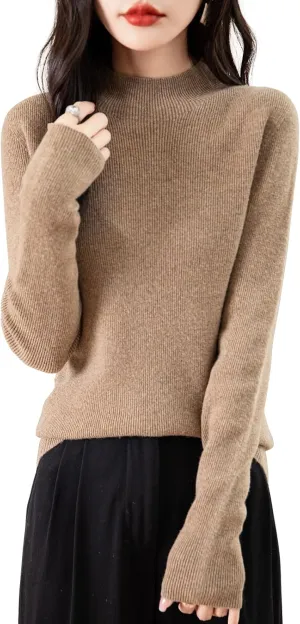 Women's 100% Merino Wool Seamless Sweater Mock Neck First-Line Ready to Wear Long Sleeve Ribbed Knit Pullover
