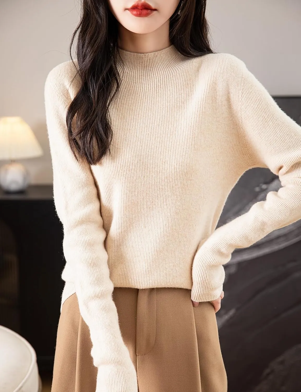 Women's 100% Merino Wool Seamless Sweater Mock Neck First-Line Ready to Wear Long Sleeve Ribbed Knit Pullover
