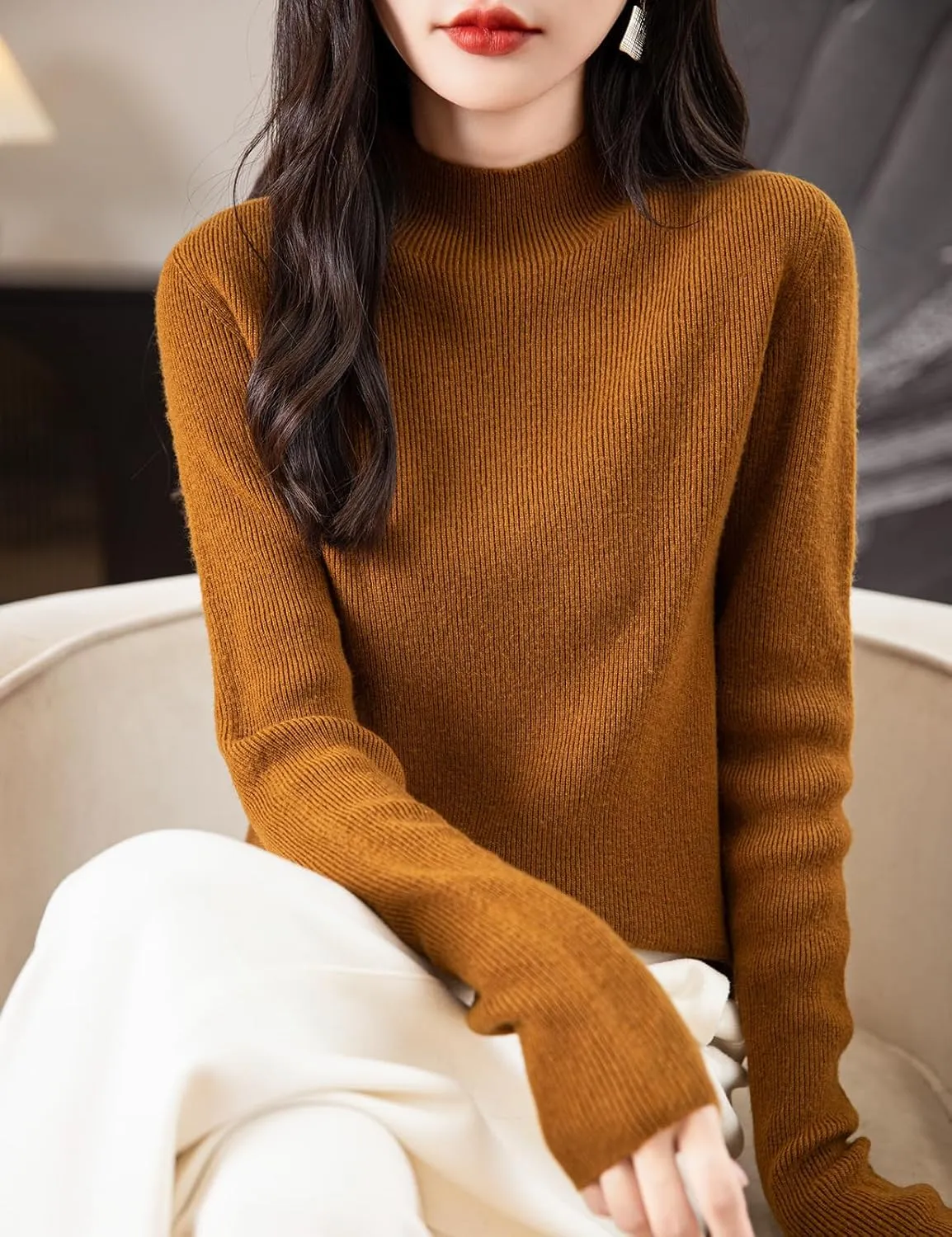 Women's 100% Merino Wool Seamless Sweater Mock Neck First-Line Ready to Wear Long Sleeve Ribbed Knit Pullover