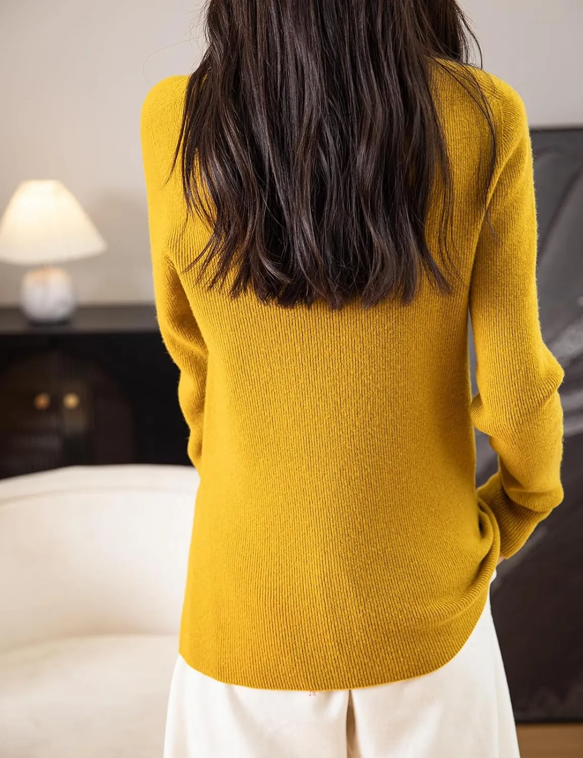 Women's 100% Merino Wool Seamless Sweater Mock Neck First-Line Ready to Wear Long Sleeve Ribbed Knit Pullover